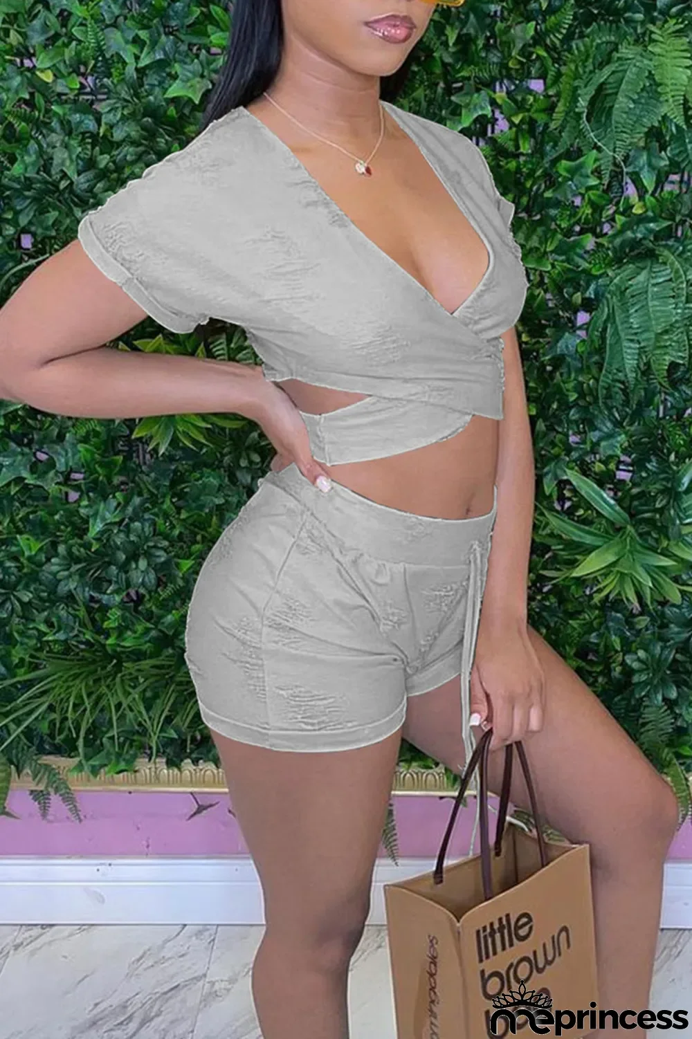 Grey Casual Solid Ripped Hollowed Out Split Joint V Neck Short Sleeve Two Pieces