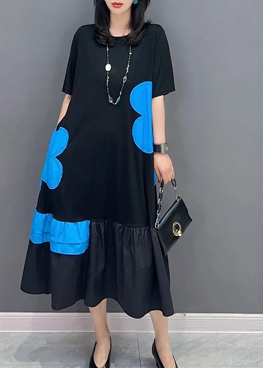 Style Black Patchwork Blue O-Neck Print Vacation Long Dresses Summer