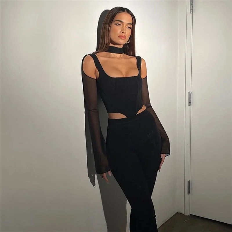 2022 Gothic Y2K Women's T-Shirts Long Sleeve Short Tops See-Through Hollow Out Slim-Fit Short Blouse Solid Color Navel Pullover