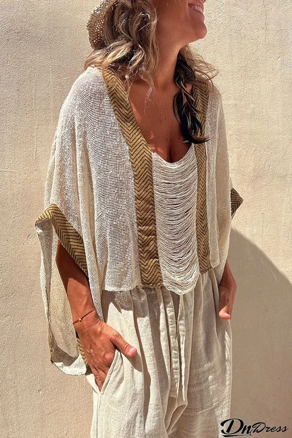 Vacay Needed Knit Hollow Out Patchwork Loose Top