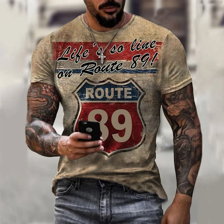 Route Californian 66 Vintage Printed Short Sleeves Mens T-Shirts at Hiphopee