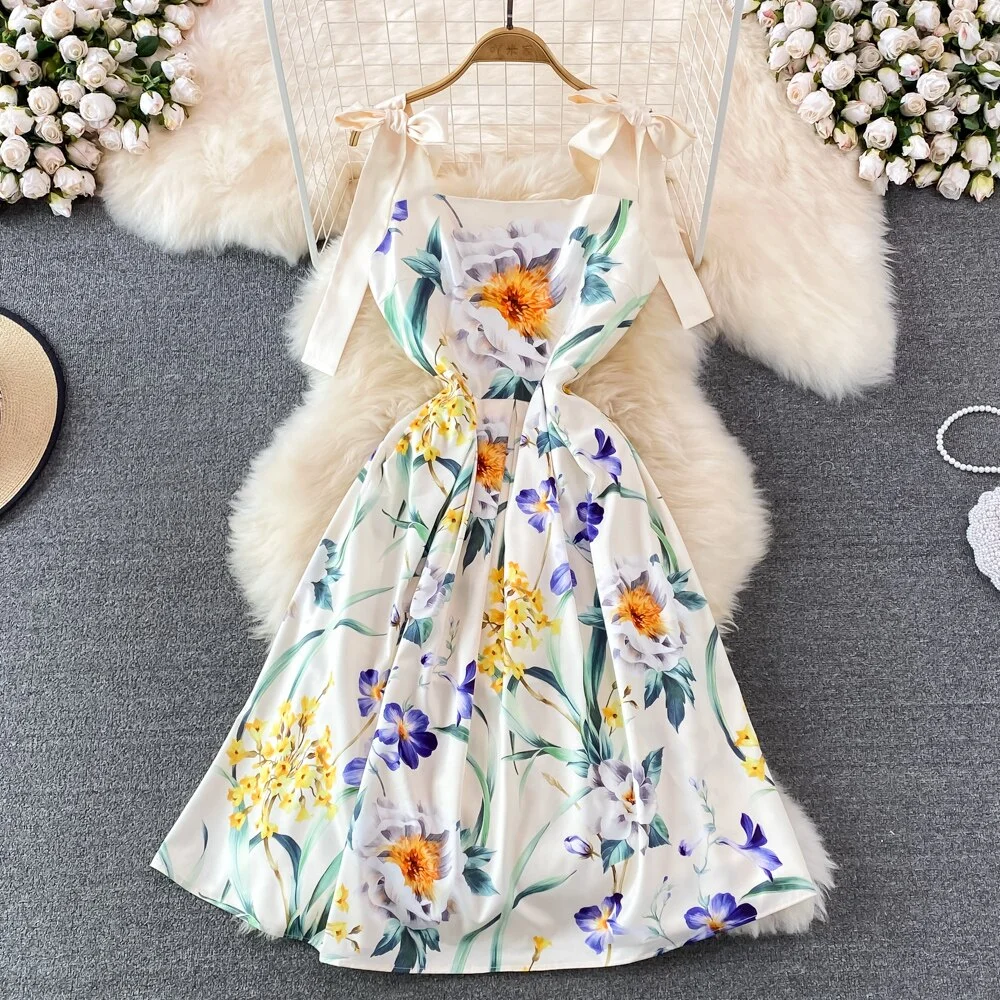 Uveng Runway Summer Bow Tank Dress 2025 New Women's Spaghetti Strap Backless Palace Floral Print Holiday Beach Dress N66878 413-1