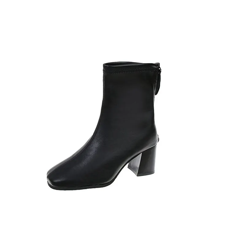 Yyvonne 2025 New Thick And High-Heeling Single-Sley Female British Wind Side Behind The Zipper Black Simple 44 Size Short Boots