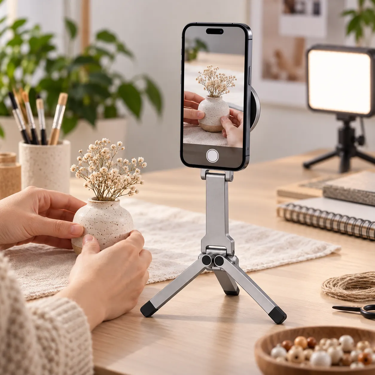 Magnetic phone tripod used for tabletop content creation