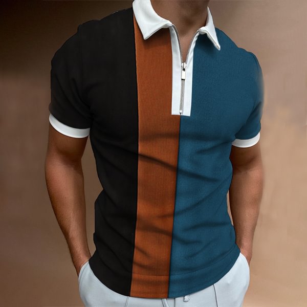 Men's Casual Daily Stitching Zipper Design Polo Collar Short-sleeved T-shirt