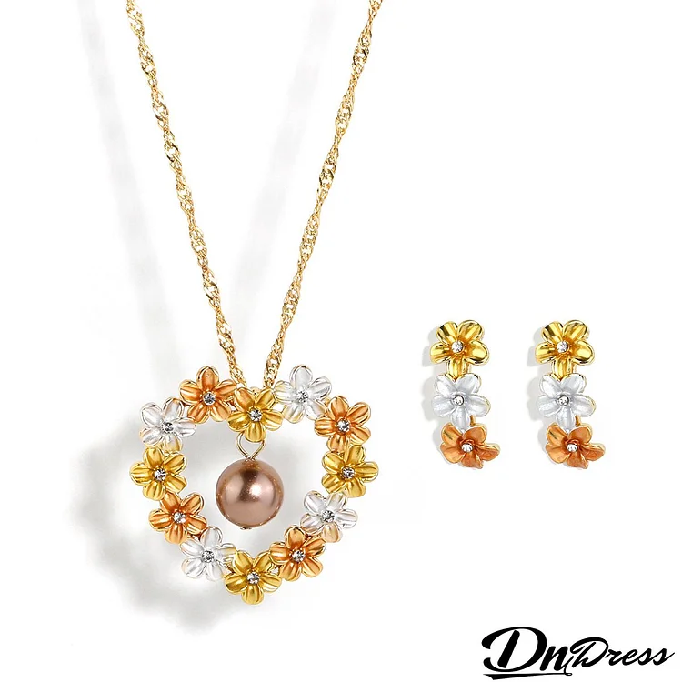 Women's Fashion Brass Plated Real Gold Tricolor Flower Hollow Heart Necklace Earrings Set