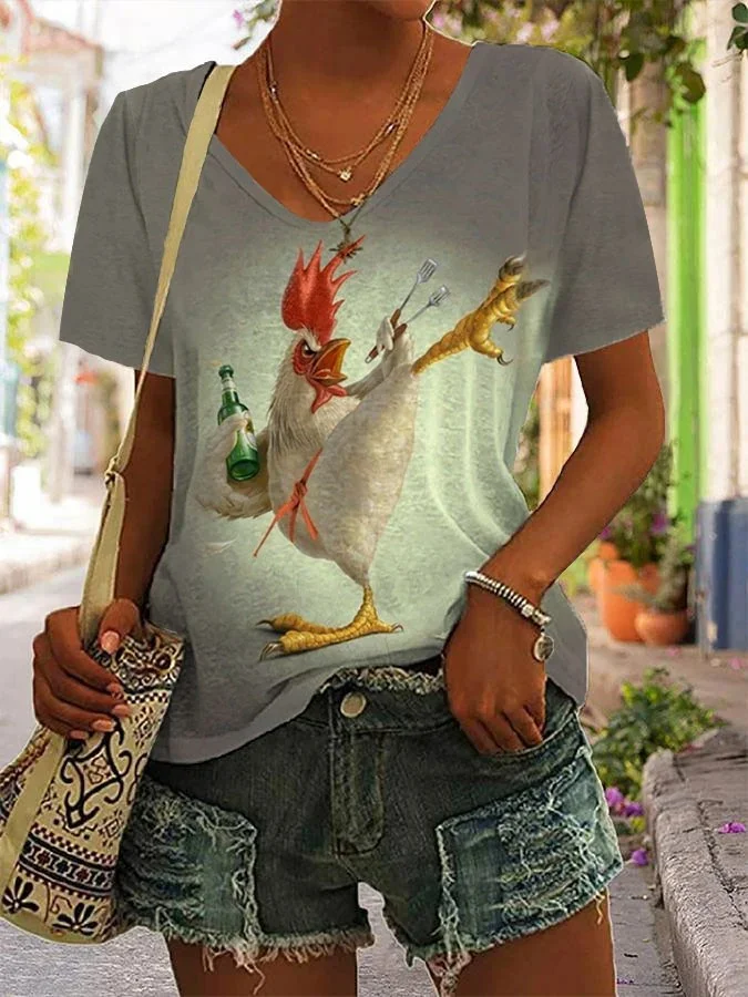 Women's Funny Beer Chicken Print V-Neck T-Shirt