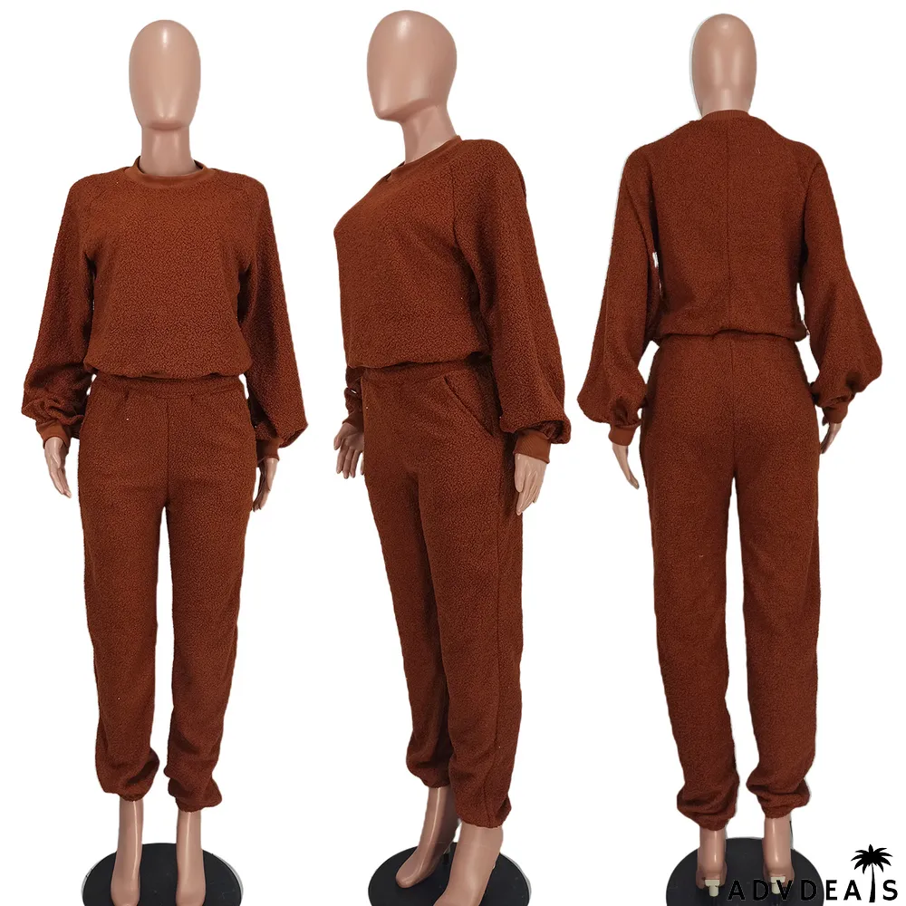 Fashion Casual Solid Color Fleece Two-piece Suit