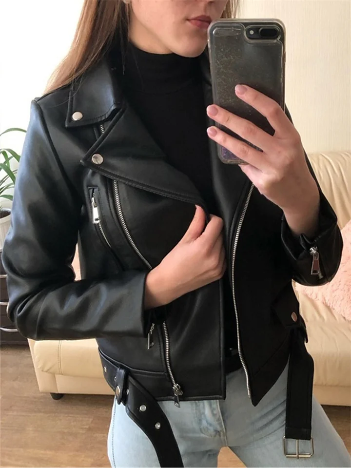 Street Style Motorcycle Lapel Zipped Leather Jacket