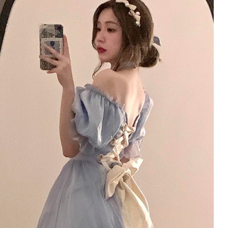France Vintage Mesh Dress Women Summer Blue White Black Retro Evening Party Dresses Sweet Korean Princess Fairy Dress 2022