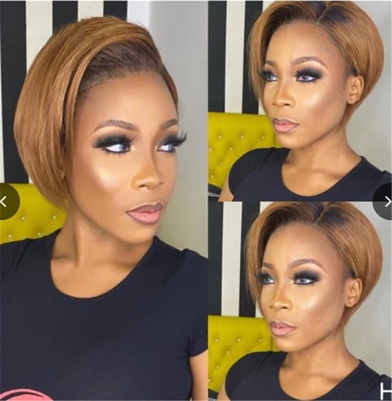 Women's Short Hair Slanted Fluffy Short Straight Hair Golden Gradient-Hoverseek