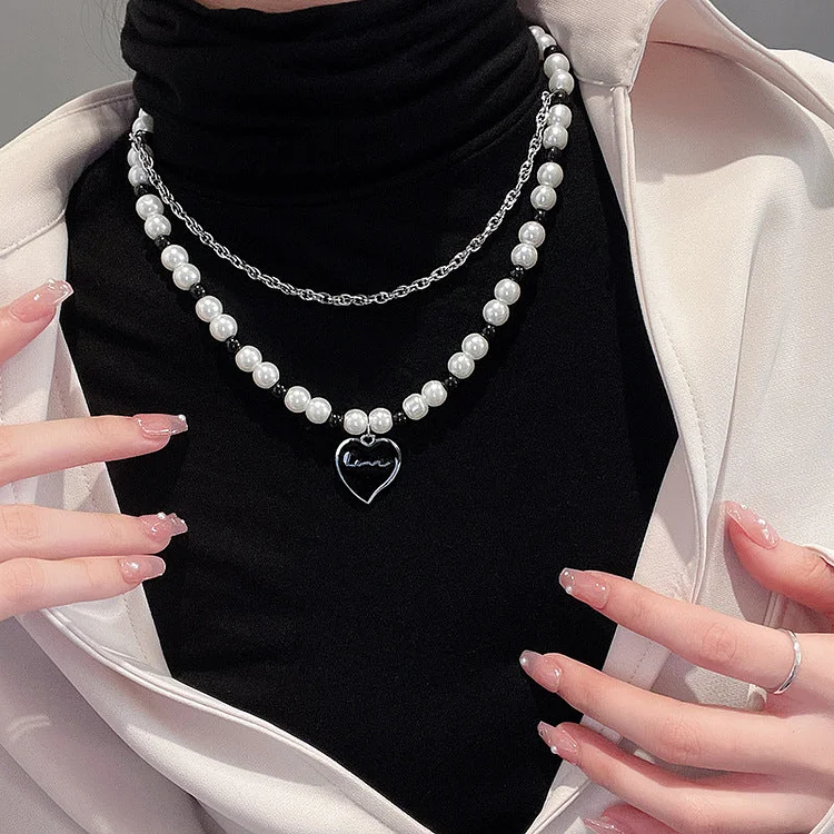 Black and White Pearl Panel Double Layer Necklace