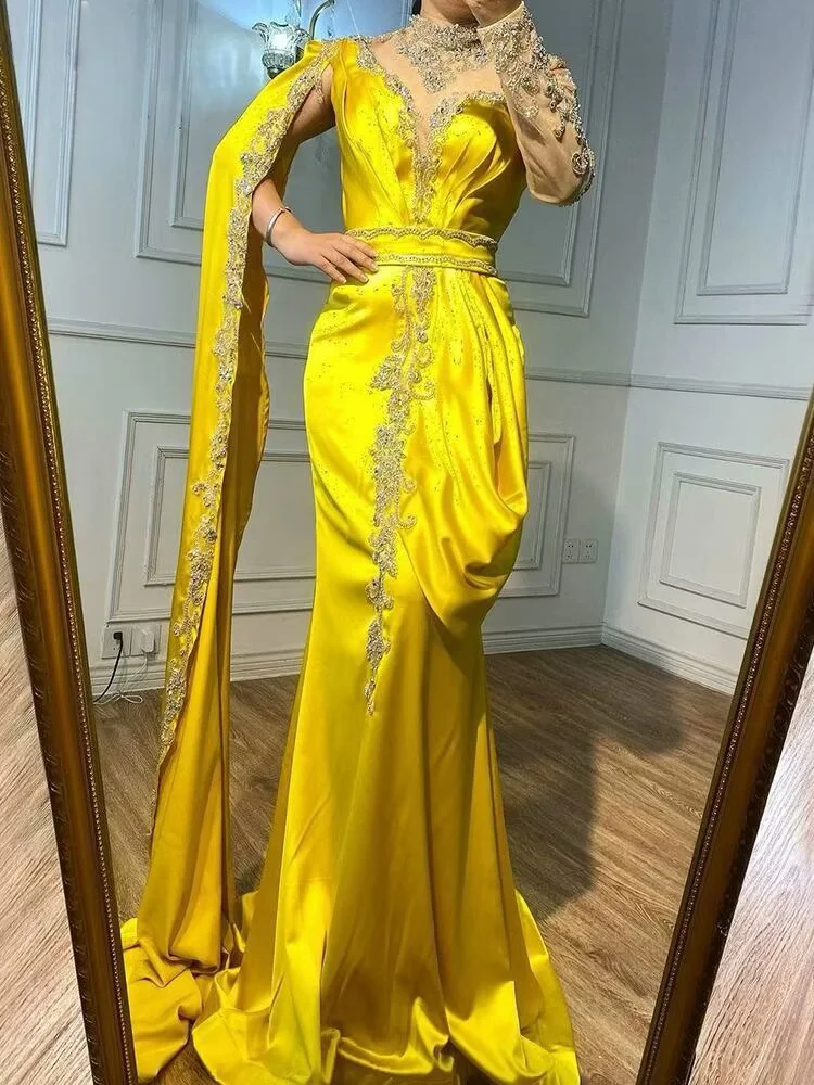 Miabel Shinning Yellow Bead Embroidery Mermaid Floor Length Prom Dress With Shawl