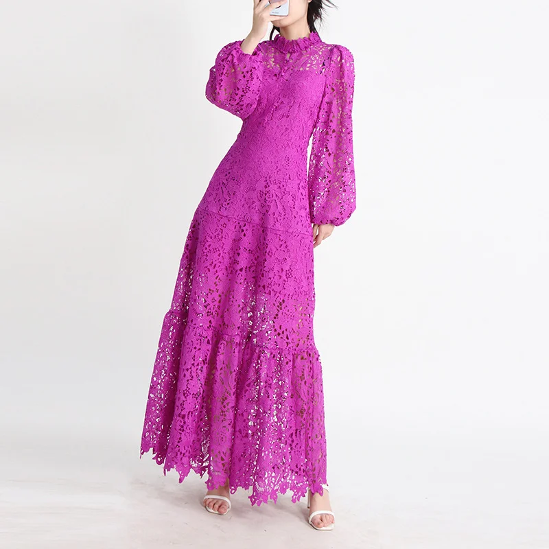 Zingj High-Level Elegant Lotus Leafy Dress 2025 Summer New Standing Collar Long Sleeves To Close The Waist Thin Hollow Dress Woman Trend