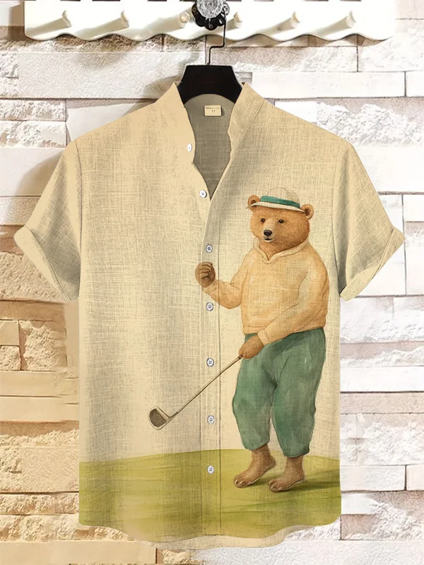 Men's Bear Playing Golf Art Print Casual Short Sleeve Shirt
