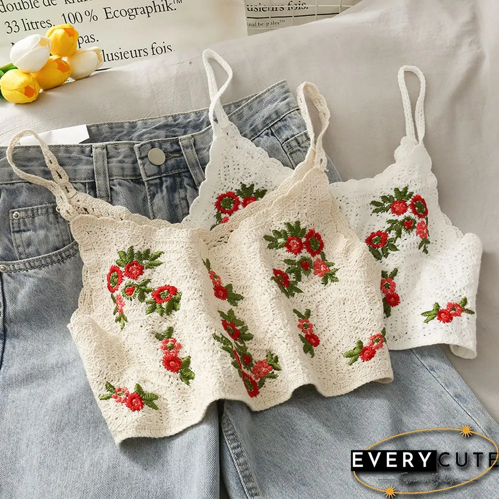 Womens Floral Embroidery Camis Crop TopSummer Cotton Crochet Sweet Tops Sleeveless Retro