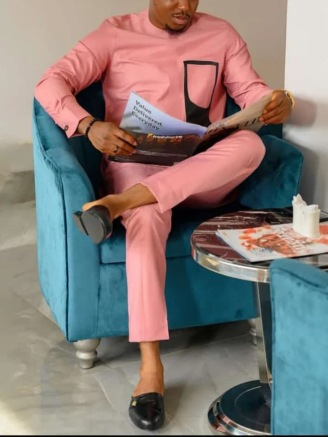 Men's fashion casual pink two-piece suite