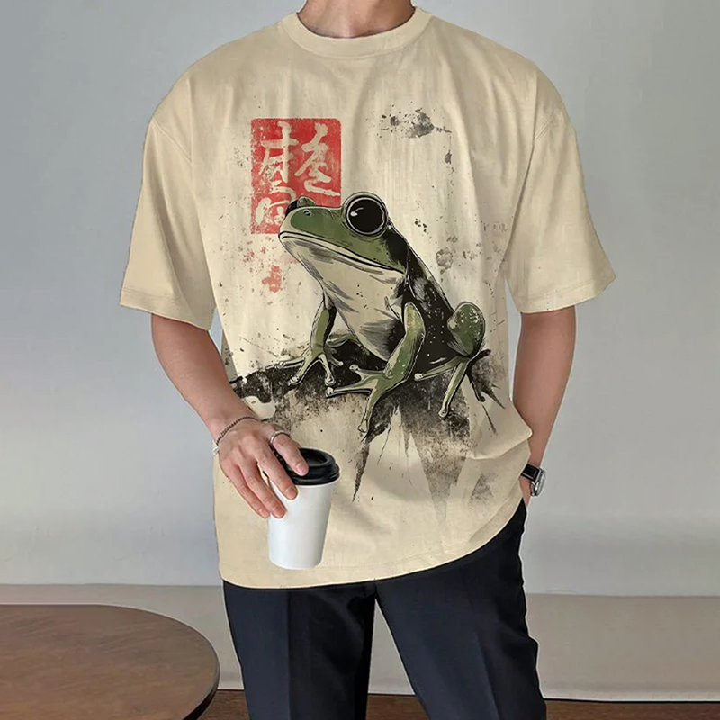 Men's  Japanese Style Green Matsu Frog Print Comfortable T-shirt