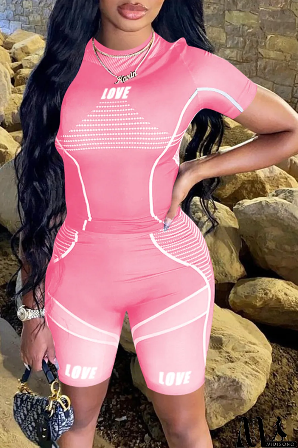 MidiSono - Purple Sexy Print Split Joint O Neck Short Sleeve Two Pieces