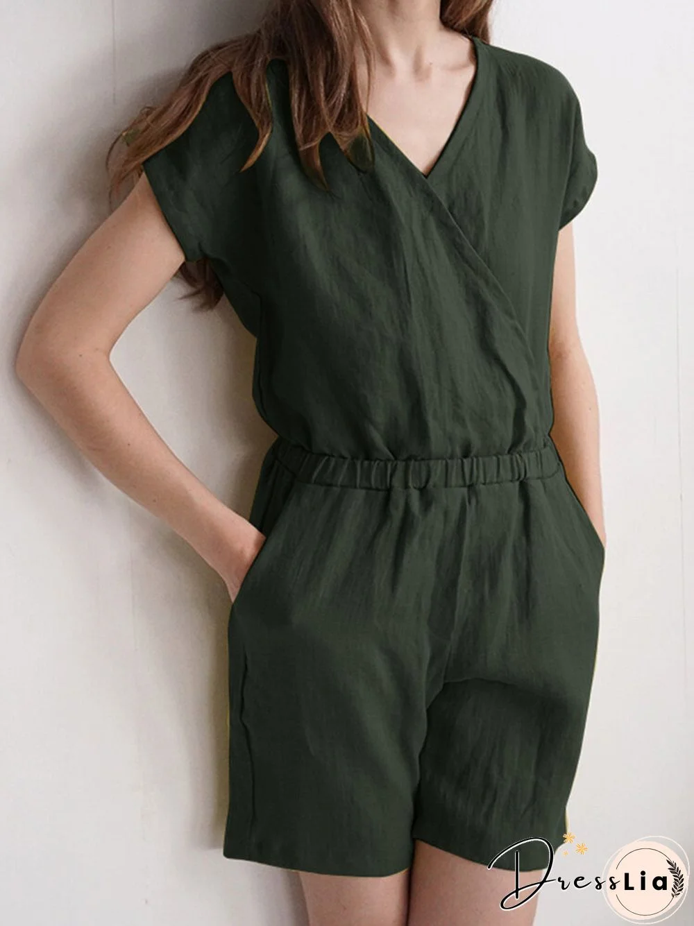 Solid Wrap V-neck Pocket Short Sleeve Casual Romper