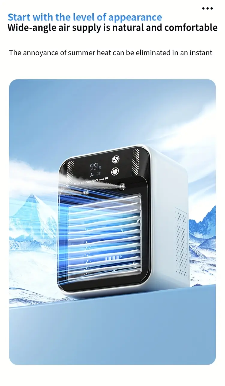 2025 new cooled fan with ice cooling portable desktop spray humidifier rechargeable or usb powered 2 battery capacity 3000mah square shape 36v or below no portable air cooler modern aesthetic durable build quality portable air cooler Product details 10