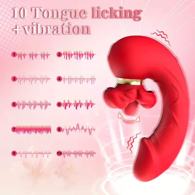 Vibrator pentru limbă &icirc;n formă de trandafir patru &icirc;n unu, cu 10 moduri de lins și 10 moduri de vibrație, stimulator al punctului G.