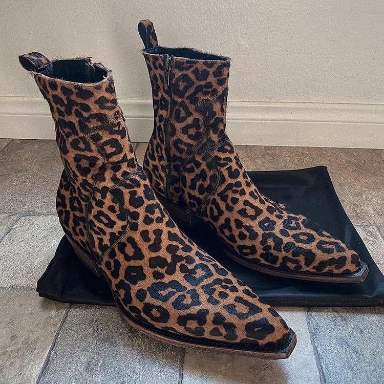 LEOPARD PRINT HIGH SIDE ZIPPER PULL ON ANKLE BOOT