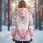 Boho Floral & Wing Pattern Women's Flannel Hooded Sweatshirt - Image 2