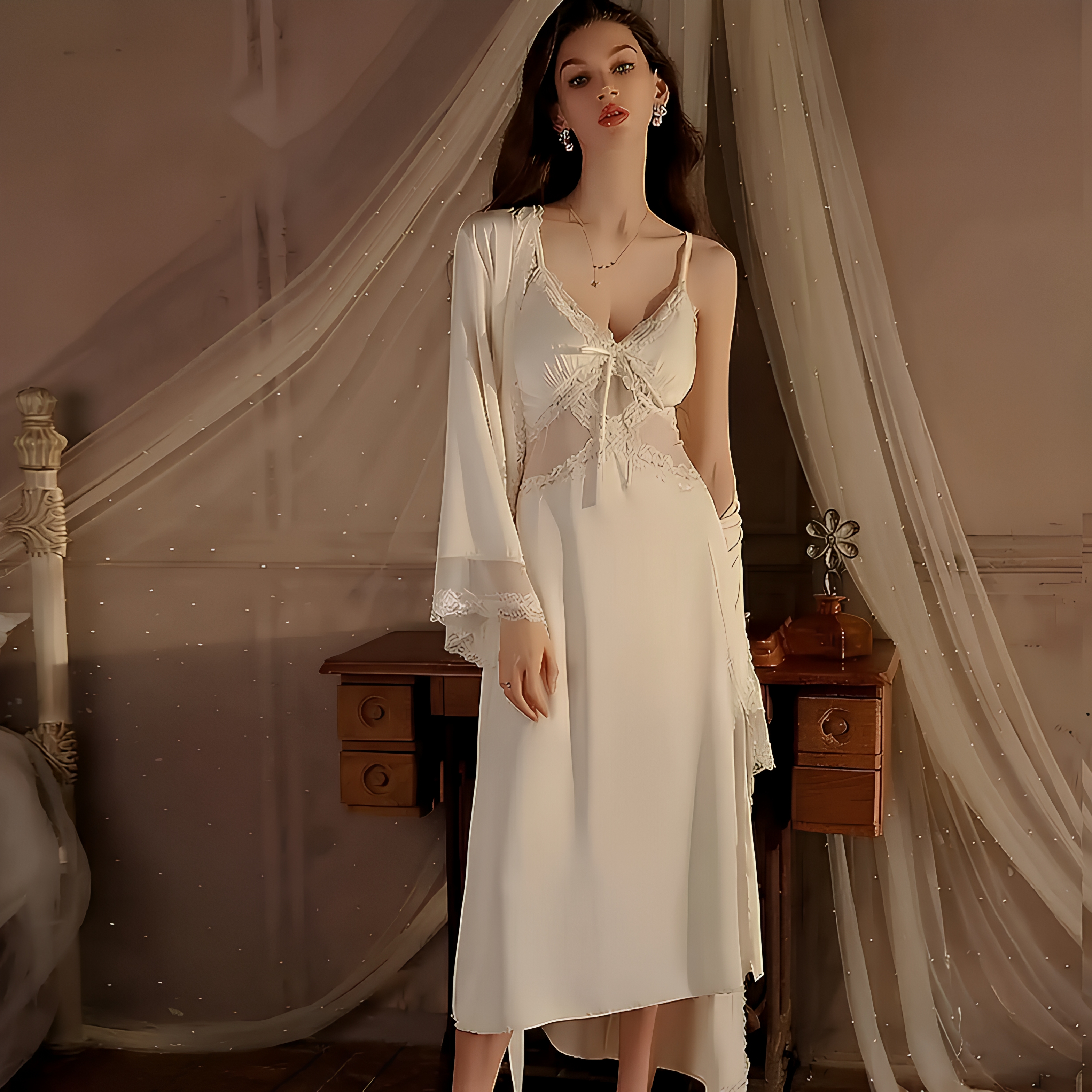 Lace Trim Lounge Slip Dress by COLDOO Soft Lemon color front model view