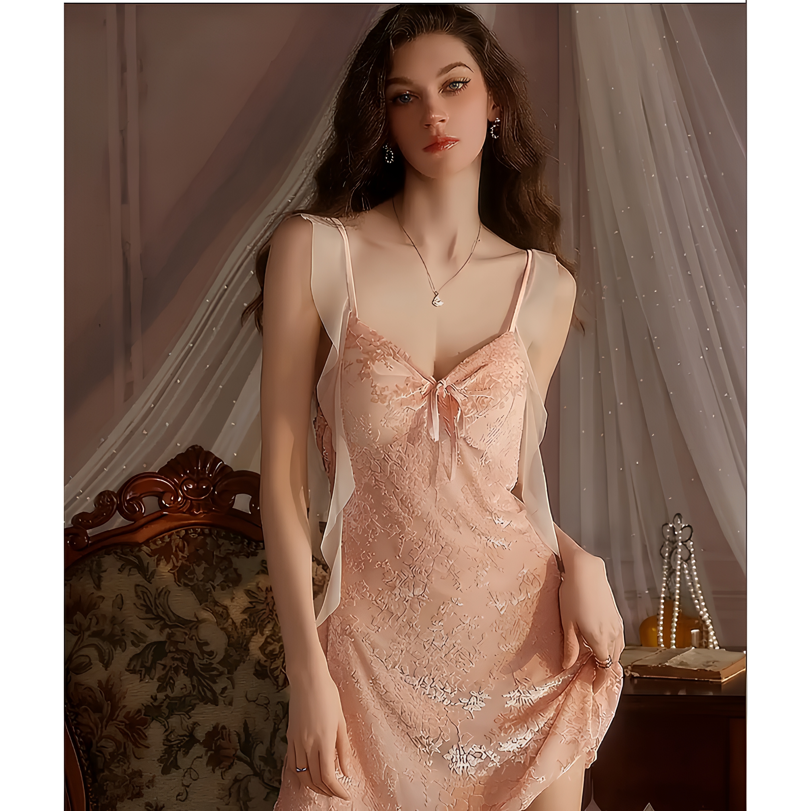 Petal Lace Sleepwear Chemise by COLDOO Blush Pink color front model view