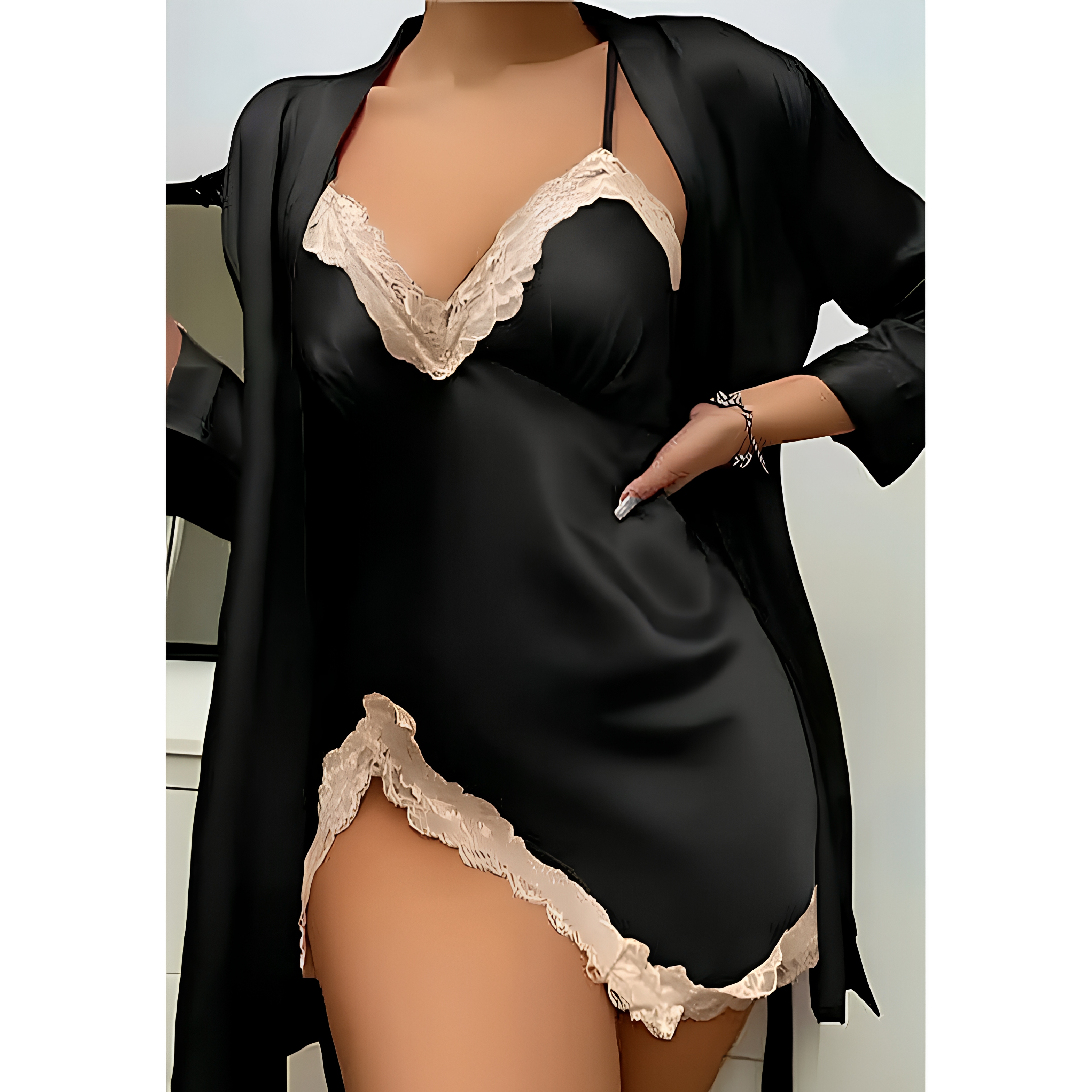 Romantic Lace Babydoll Dress by COLDOO Midnight Black color front model view