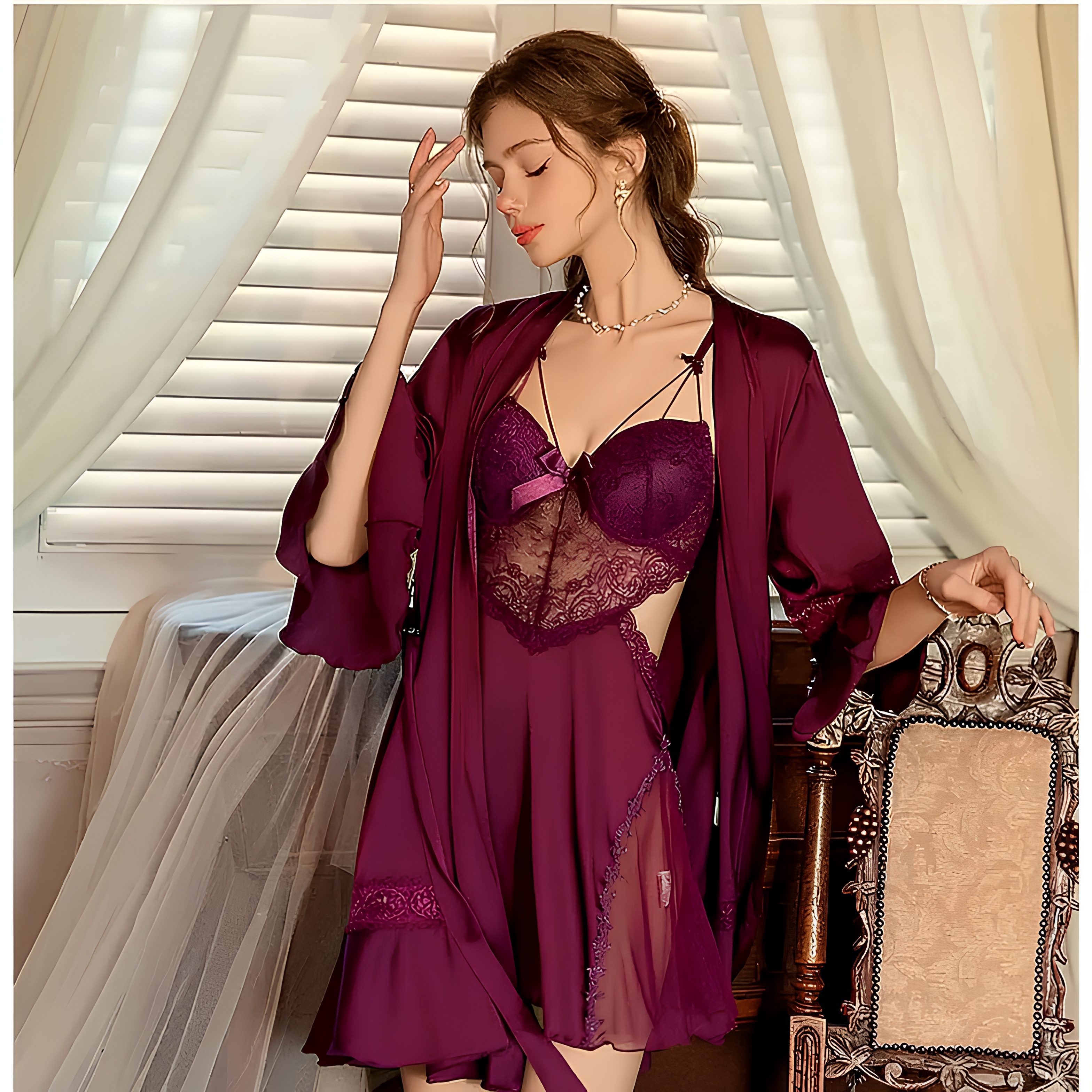 Draped Satin Lace Nightdress by COLDOO in Burgundy Wine satin lace nightdress style