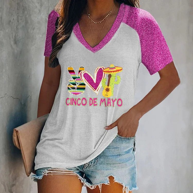 VChics Cinco De Mayo Print V Neck Color Contrast Short Sleeve T-Shirt