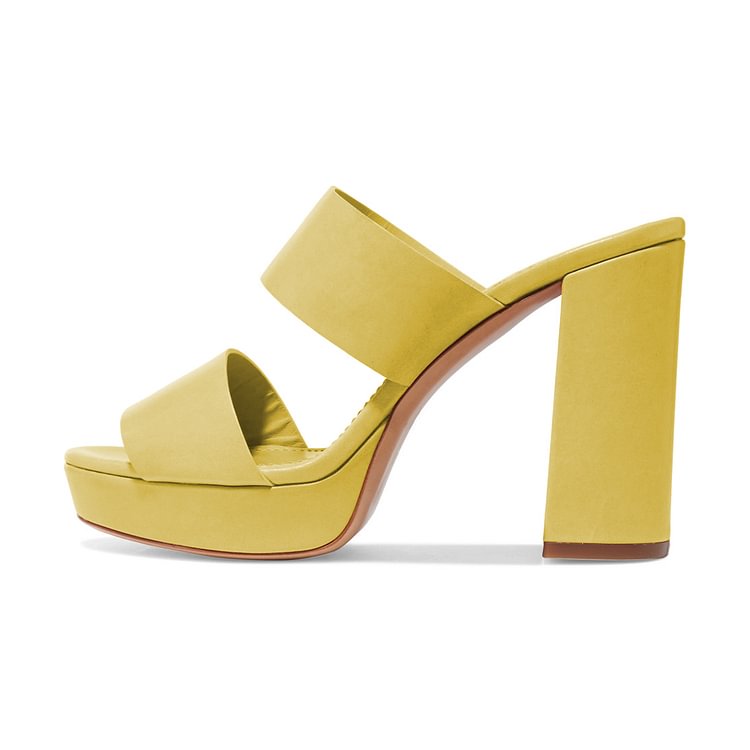 Yellow Mule Heels Open Toe Platform Chunky Heels for Office Lady |FSJ Shoes