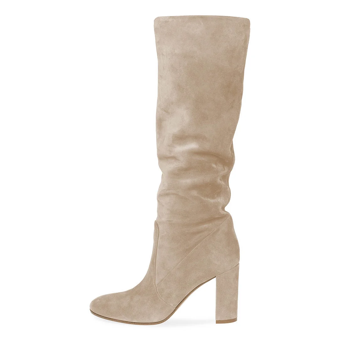 Beige Vegan Suede Chunky Heel Slouch Long Boots with Round Toe
