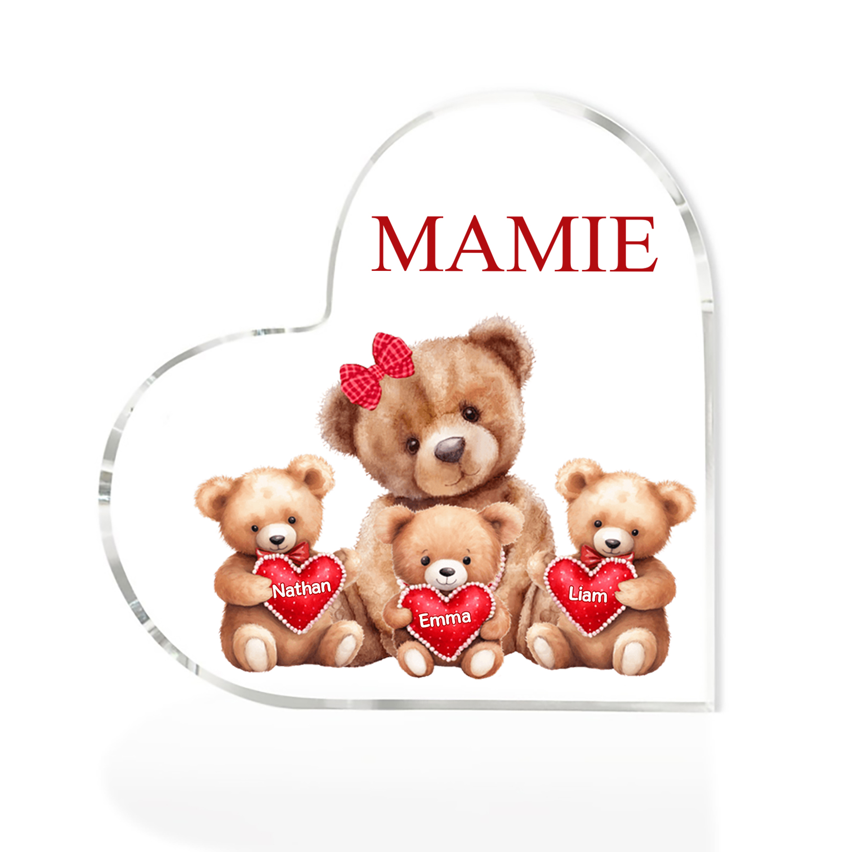 À ma Maman/Mamie - Plaque Acrylique Ours en Forme de Cœur 3 Prénoms Personnalisés avec 1 Texte