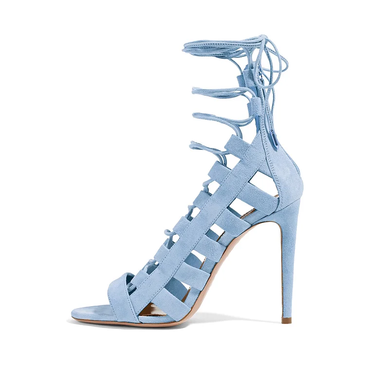 Light Blue Lace up Sandals Strappy Open Toe Suede Stiletto Heels Shoes |FSJ Shoes