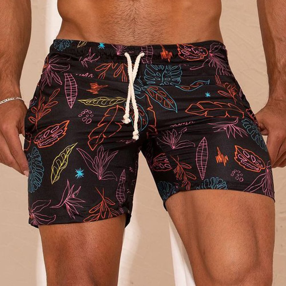 Men's Casual Print Shorts Lace-Up Leaf Pattern Beach Shorts、、URBENIE