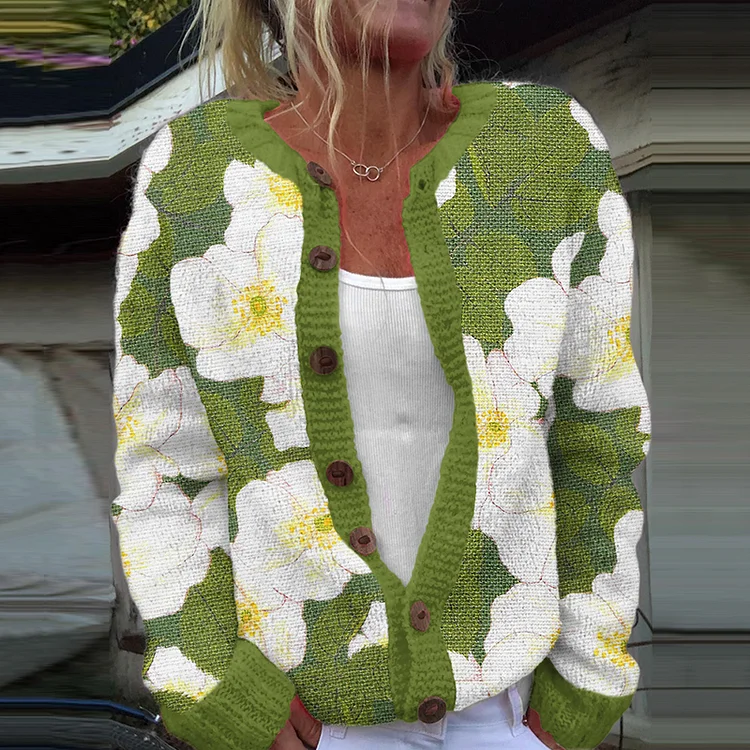 Flower Bud Jacquard Women's Cardigan Knitted Sweater