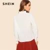 SHEIN Vintage White Mock Neck Ruffle Trim Embroidery Eyelet Blouse Women Spring Office Lady Button Placket Solid Elegant Blouses