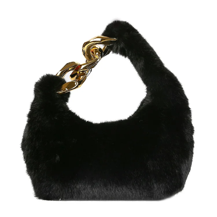 Women Fluffy Handbag Zipper Plush Soft for Shopping Dating Travel (Black)
