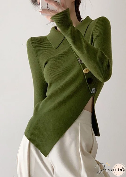 Vintage Green Peter Pan Collar Asymmetrical Knit Pullover Long Sleeve