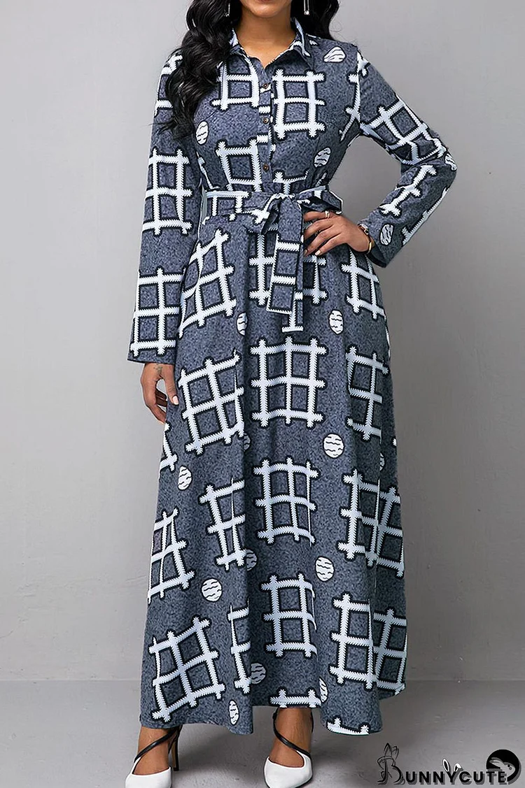 Grey Casual Print Patchwork Buckle Turndown Collar Dresses