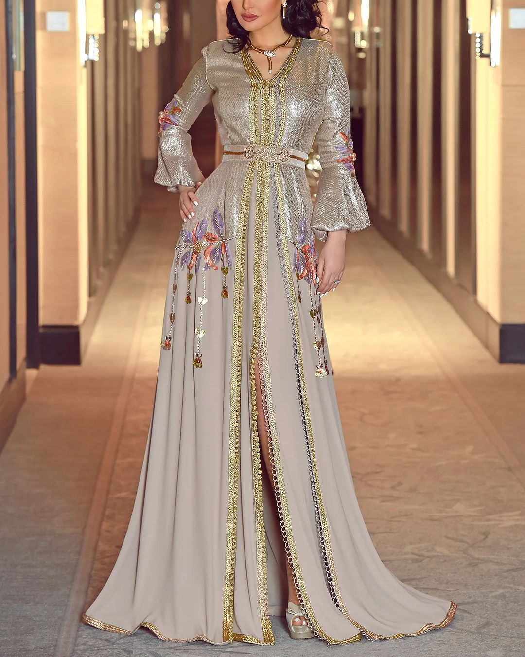Women's V Neck Embroidered Slit Kaftan Dress - 01
