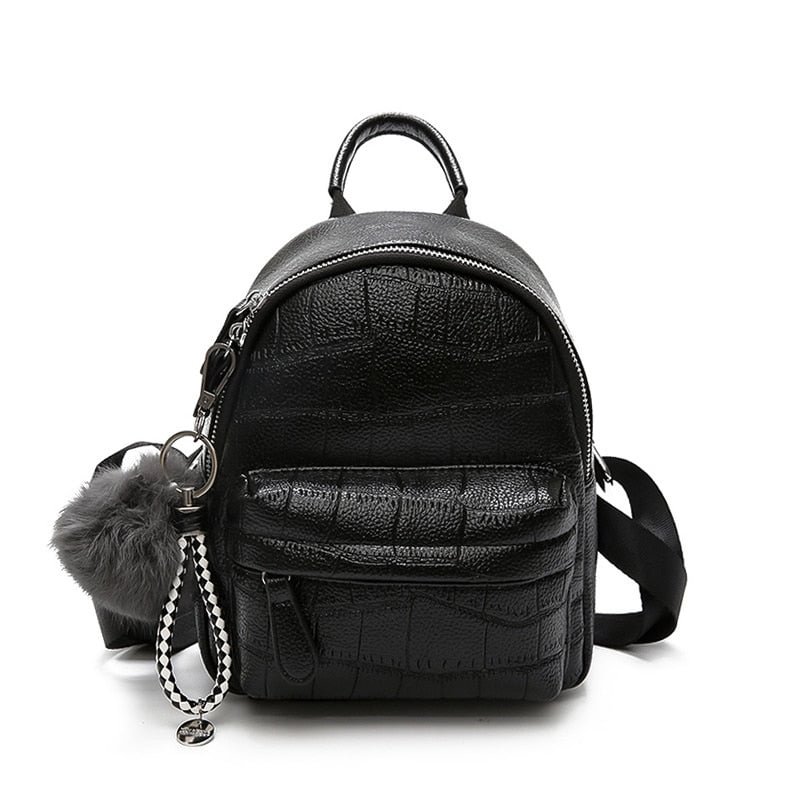LUYO Mini Black Backpack Women Stone Leather Backpacks For Girls Small Ladies Casual Daypack With Hairball Sac A Dos Rucksack