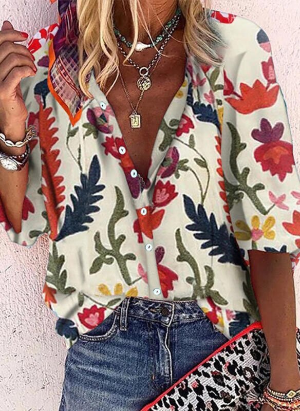 New Women Chiffon Casual Leaf Printed Shirts Elegant V Neck  Long Sleeve