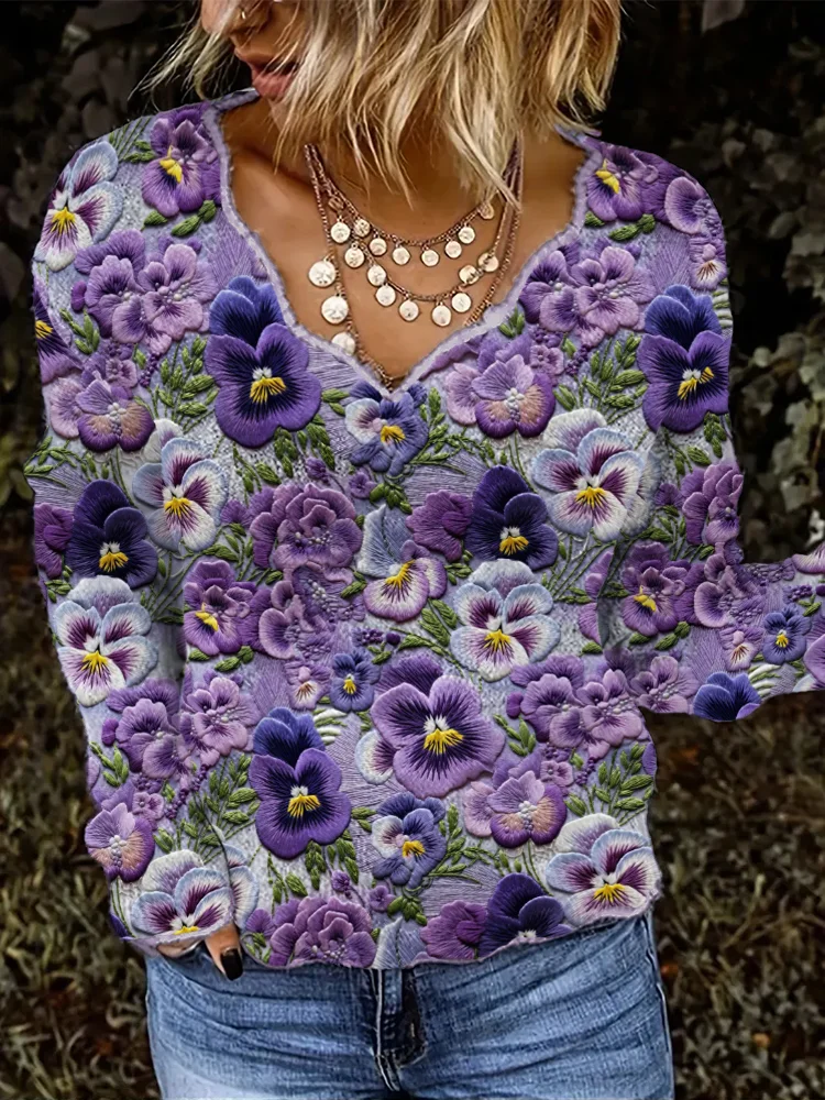 VChics Pansy Floral Embroidery Pattern Wave V Neck Cozy Sweater