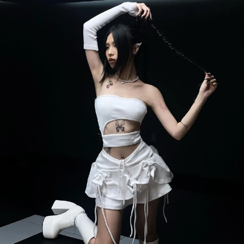 Uveng Uveng 2023 Ins Hot Style Women's Fashion Sexy Sweet Spicy Wind Sleeve Pleated Drawstring Slim Dress