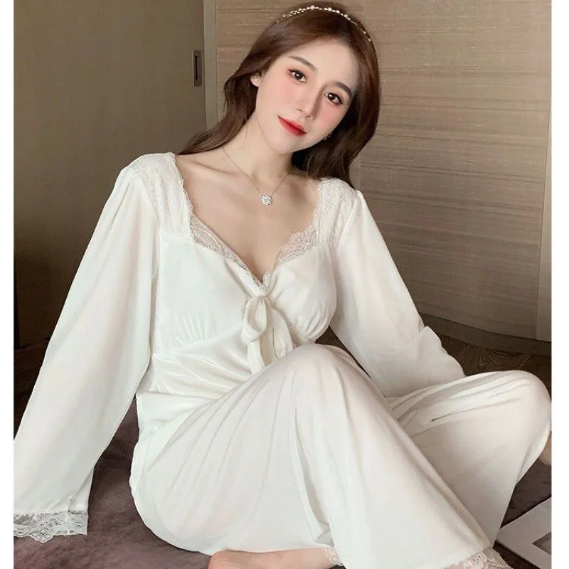 Autumn Winter Velvet Sleepwear Trouser Suits Elegant French Court Style Pajamas Set Pink Loose Velour Home Clothes Loungewear