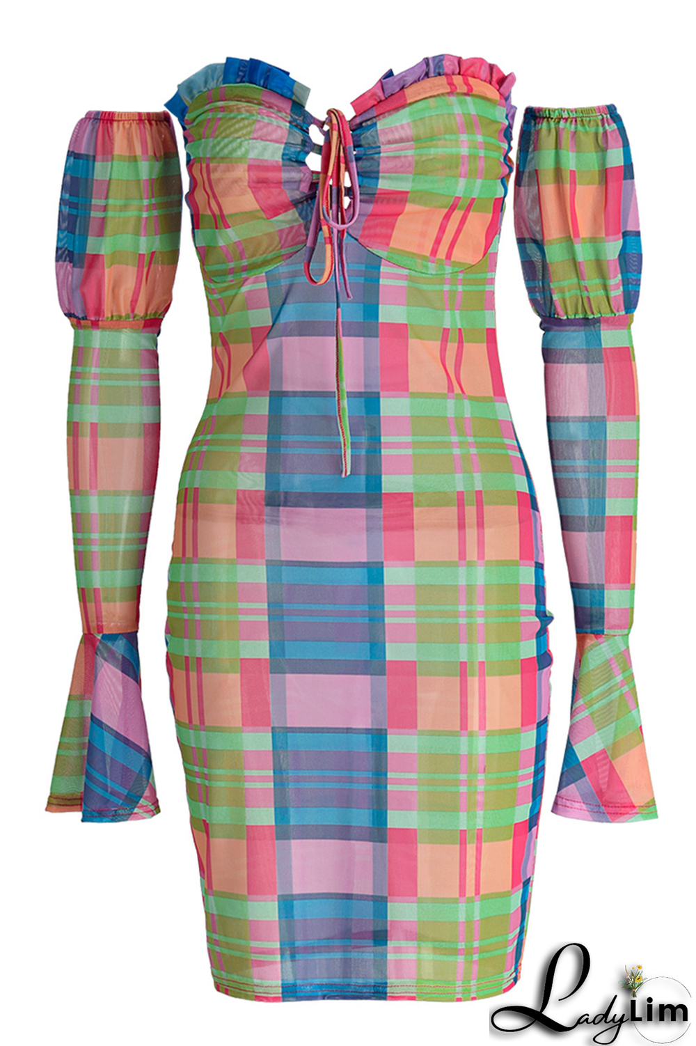 Blue Sexy Plaid Split Joint Off the Shoulder Pencil Skirt Dresses